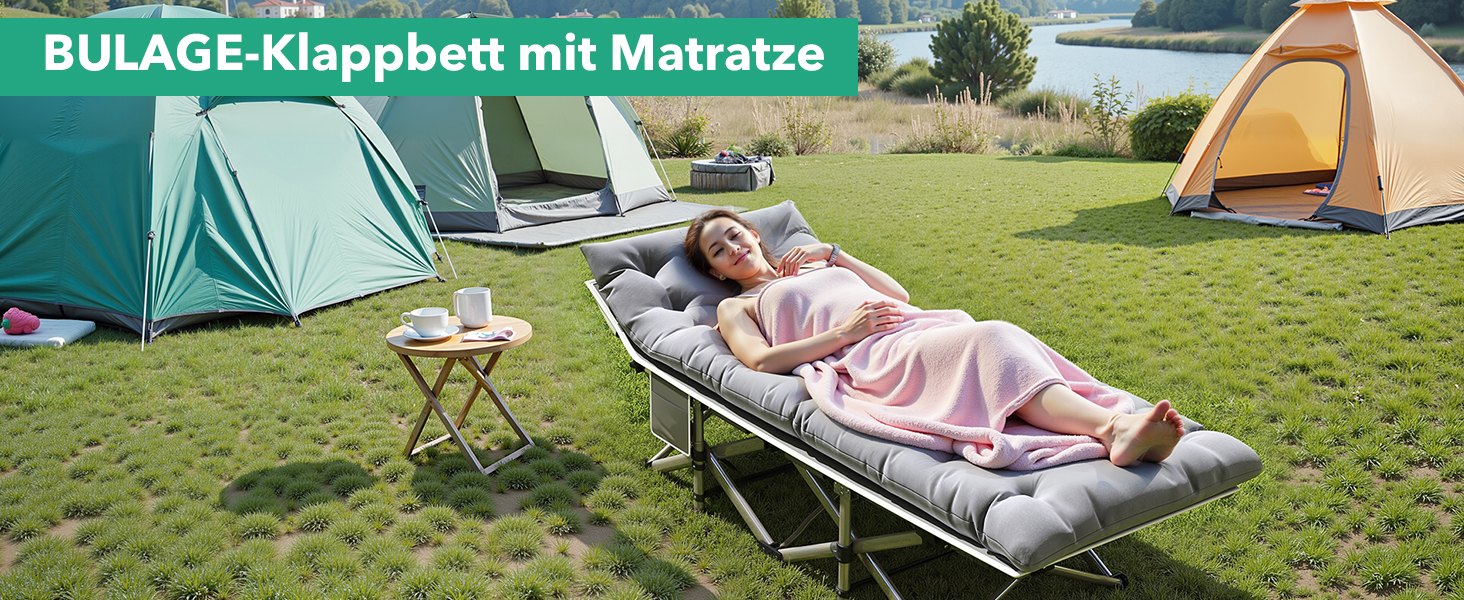 Розкладне ліжко Feldbett з матрацом, до 208 кг, сіре, XL 190x71x35 см - для кемпінгу, саду, пляжу, гостей