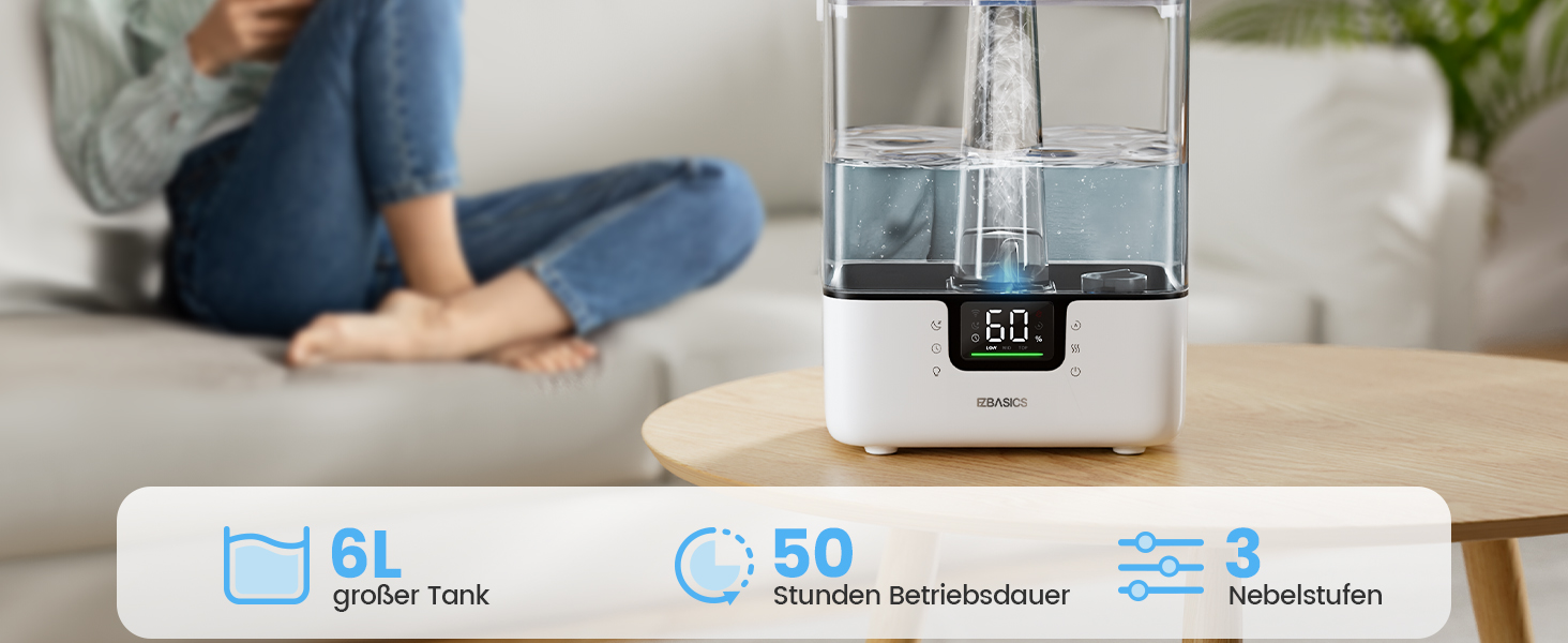 Зволожувач повітря EZBASICS Smart з верхнім заповненням 6L, 360° поворотна насадка, зволожувач та аромадифузор для дитячої кімнати, рослин, з програмою та голосовим керуванням, 1 упаковка + 7 нічників