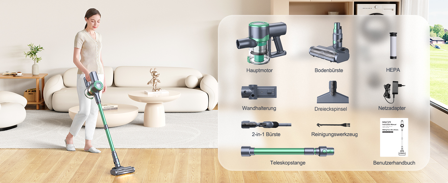 Бездротовий пилосос MIUZZY M241 30000Pa з акумулятором, 50 хв роботи, LED дисплей, для твердих поверхонь, килимів, шерсті тварин, зелений