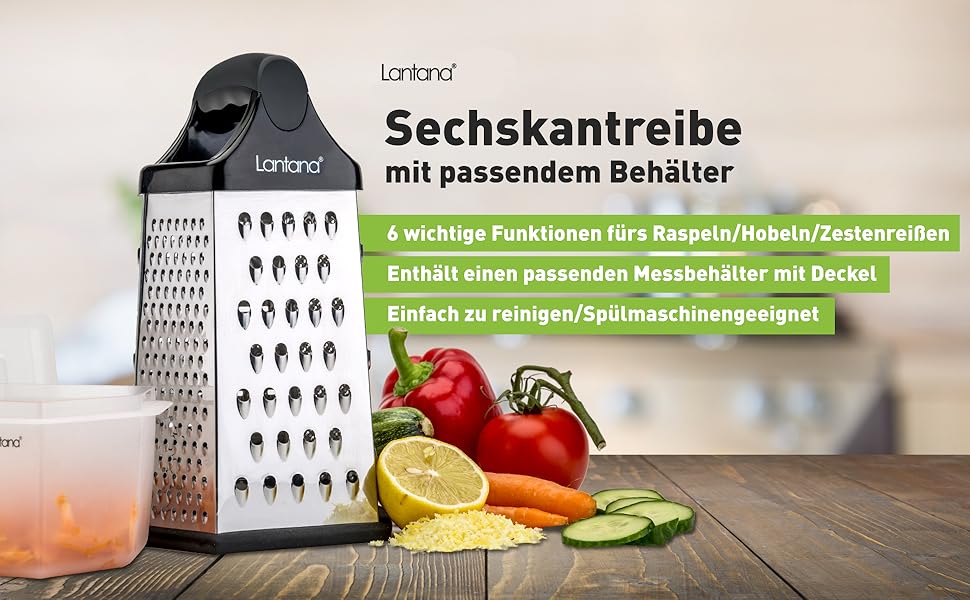 Тертка Lantana 6-стороння з контейнером - ручна тертка/хоботель/подрібнювач. 6 незамінних функцій для кухні: грубе, середнє, дрібне та мікро-терття/стругання/подрібнення.