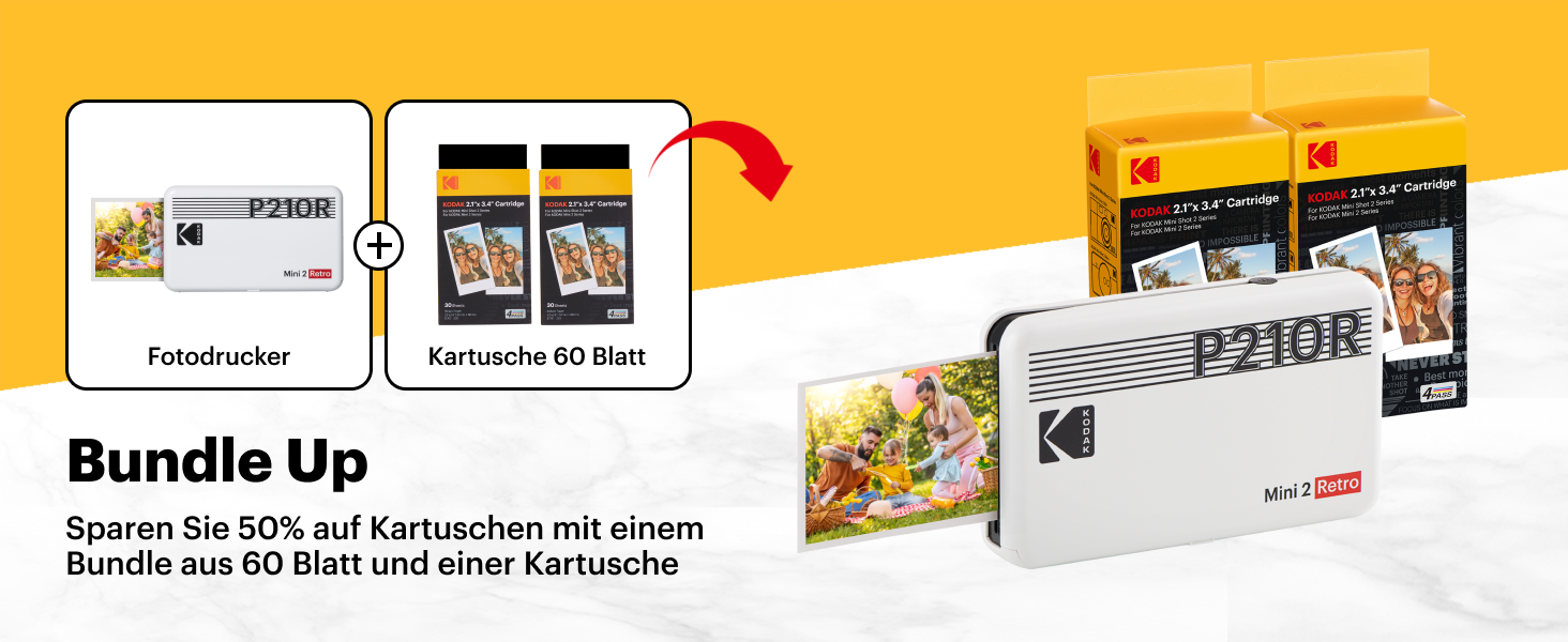 Фотодрук Kodak Mini 2 Retro: компактний мобільний принтер Bluetooth, 5.3x8.6 см, комплект з 38 картками, білий