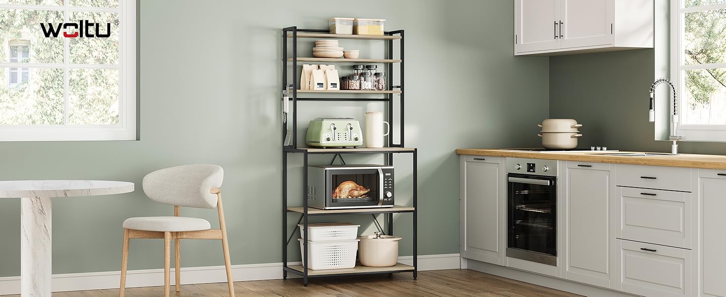 Стійка кухонна WOLTU з 6 полицями, металева та з інженерної деревини, 60 x 167 x 40 см, рустикальний коричнево-чорний колір