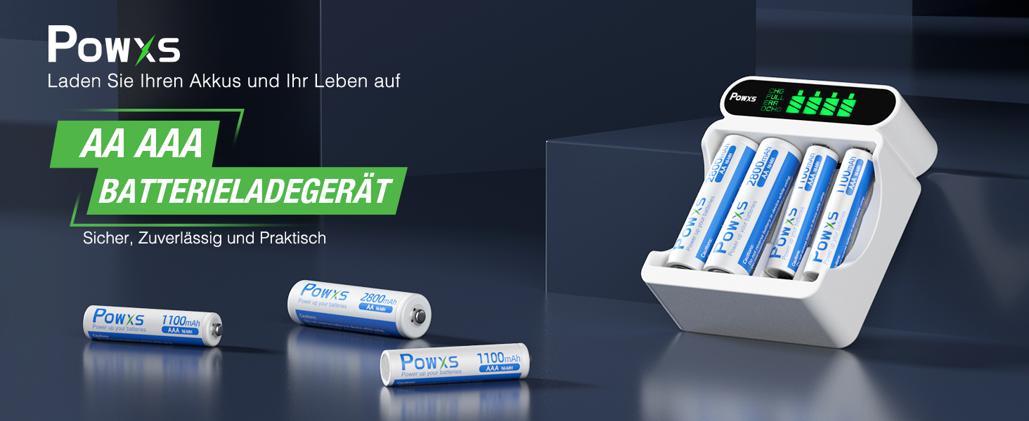 Зарядний пристрій POWXS для акумуляторів NI-MH NI-CD AA AAA з LCD-дисплеєм, універсальний, Micro USB & Type-C, безпечний