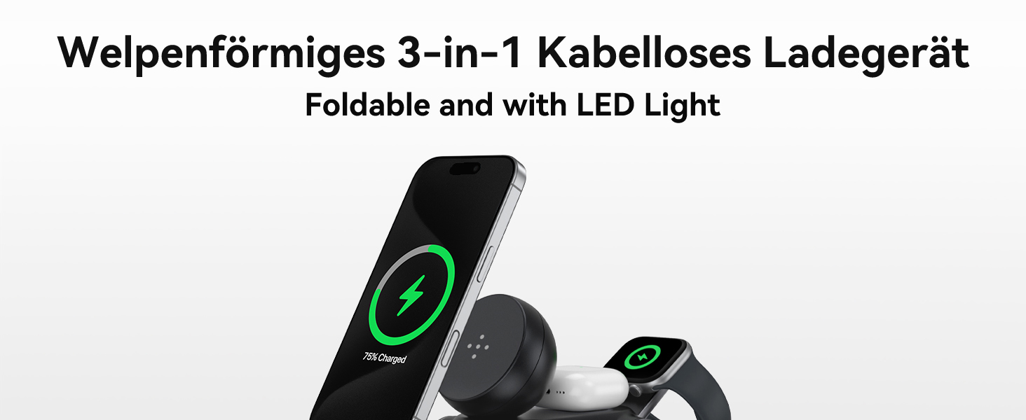 Зарядна станція 3-в-1 для Apple Watch, iPhone 17e/Air/17/16/15/14/13/12, AirPods Pro/2/3 з нічником, чорна. MagSafe сумісність.