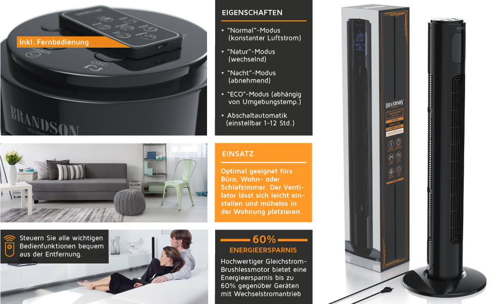 Turmventilator Brandson ECO Silent з DC-двигуном: 12 швидкостей, таймер, пульт ДУ, енергозбереження, колір чорний