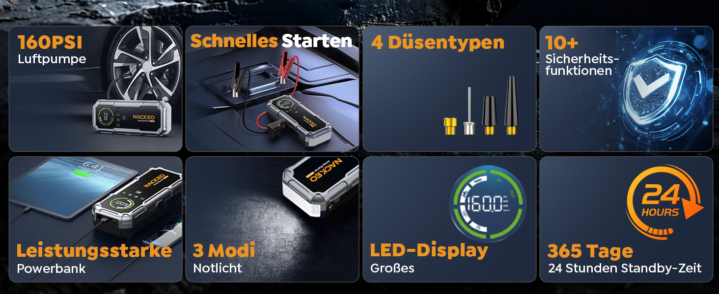 Портативний зарядний пристрій Starthilfe 8000A з компресором 160PSI, 12V для автомобілів, 20000mAh, LED-ліхтар 600 Lumen, LCD-дисплей, сріблястий