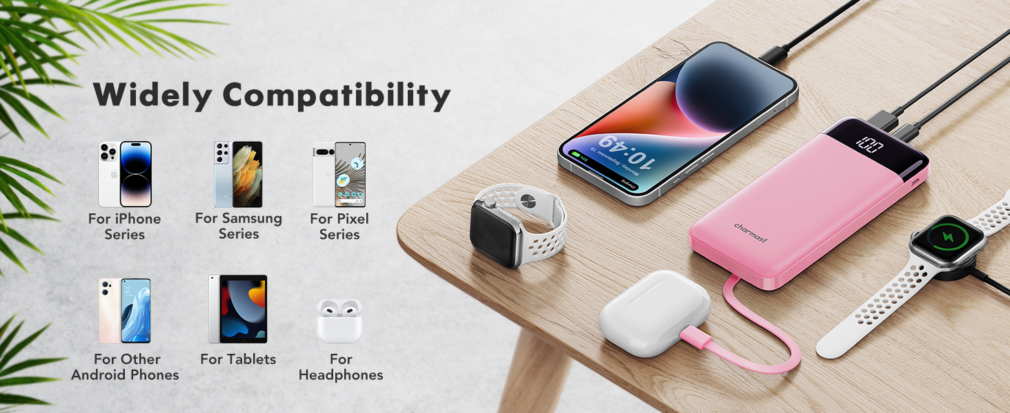 Power Bank Charmast 10000mAh з 6 виходами, USB-C, LED-дисплеєм, 4 кабелями, для iPhone, Huawei, Samsung