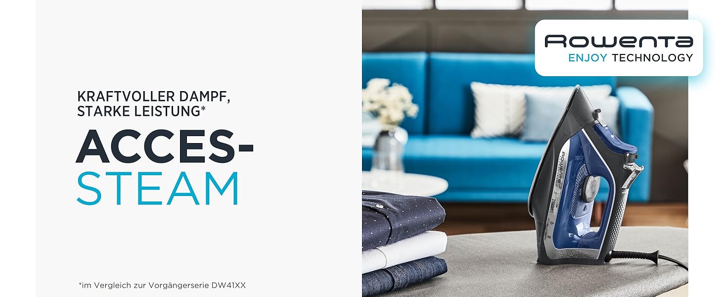 Праска Rowenta Acessteam DW4301: 2500 Вт, 140 г/хв, Microsteam 300, захист від накипу, без крапель, блакитно-чорна