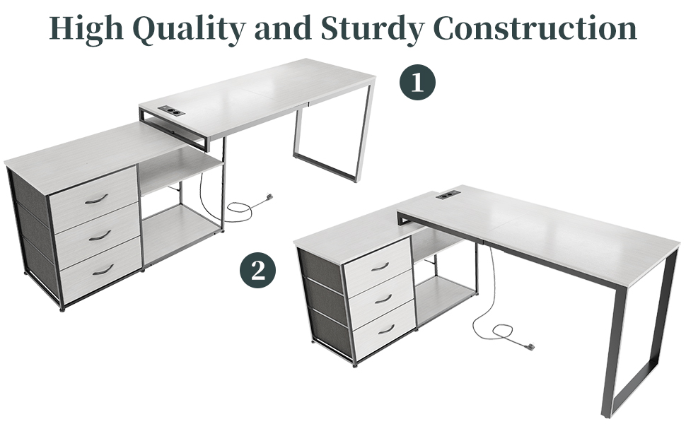 TRIUMPHKEY L-Shaped Desk with 3 Drawers & Storage - Reversible Corner Desk with USB Charging Ports & Outlets - White & Grey (140 x 105 x 75 cm)
