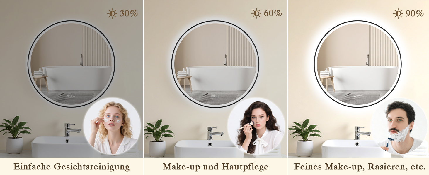 Дзеркало для ванної кімнати з підсвічуванням LED, антизапар, сенсорне керування, регулювання яскравості, 3 кольори світла, функція пам'яті, захист від вибуху, кругле дзеркало 50см (металевий каркас+bluetooth)