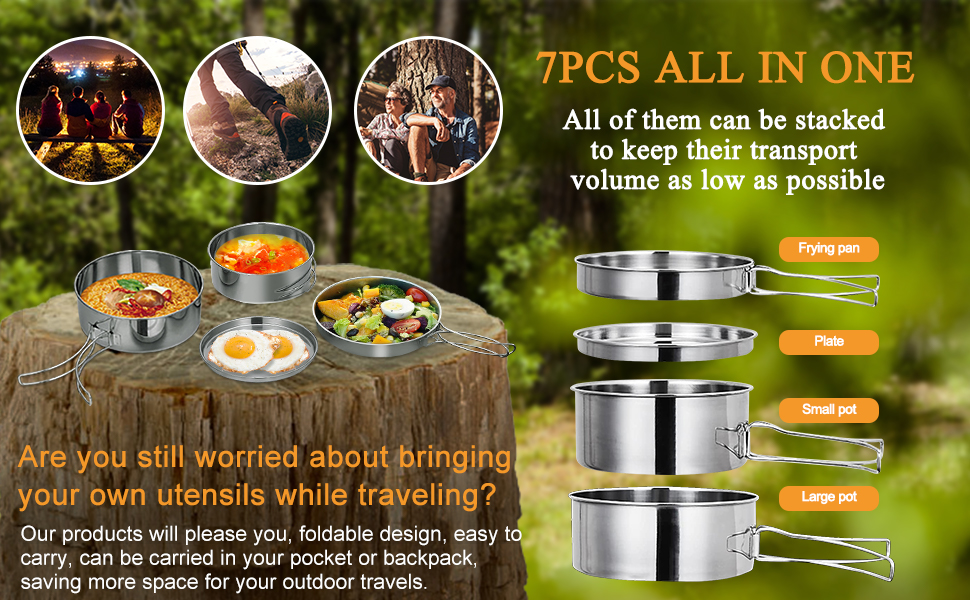 Набір кухонного посуду для кемпінгу на 2-3 особи з нержавіючої сталі: 7 предметів для пікніків, походів та кемпінгу