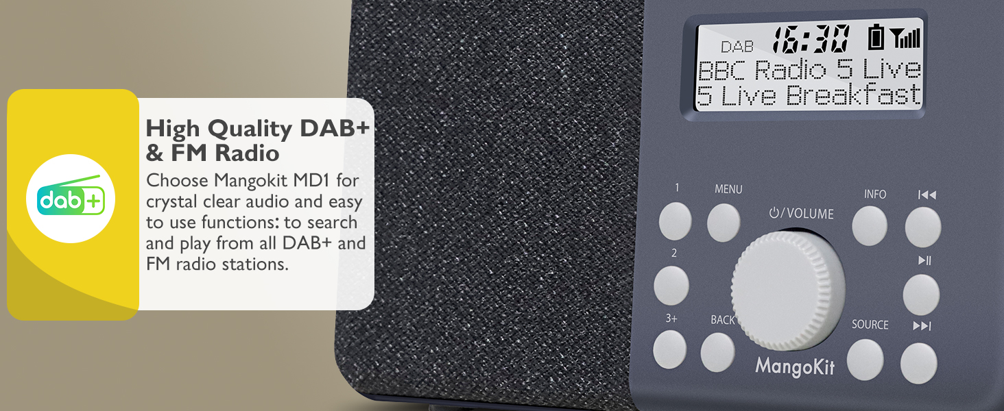 Портативне радіо MD3 DAB/DAB+/FM з Bluetooth, динамік, навушники, 40 станцій, годинник, будильник, таймер, кольоровий дисплей, акумулятор/мережа (Чорний/Сірий)