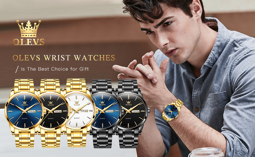 Чоловічий наручний годинник OLEVS класичний кварцовий, водонепроникний, зі сталевим ремінцем та індикатором дати, чорний із золотом