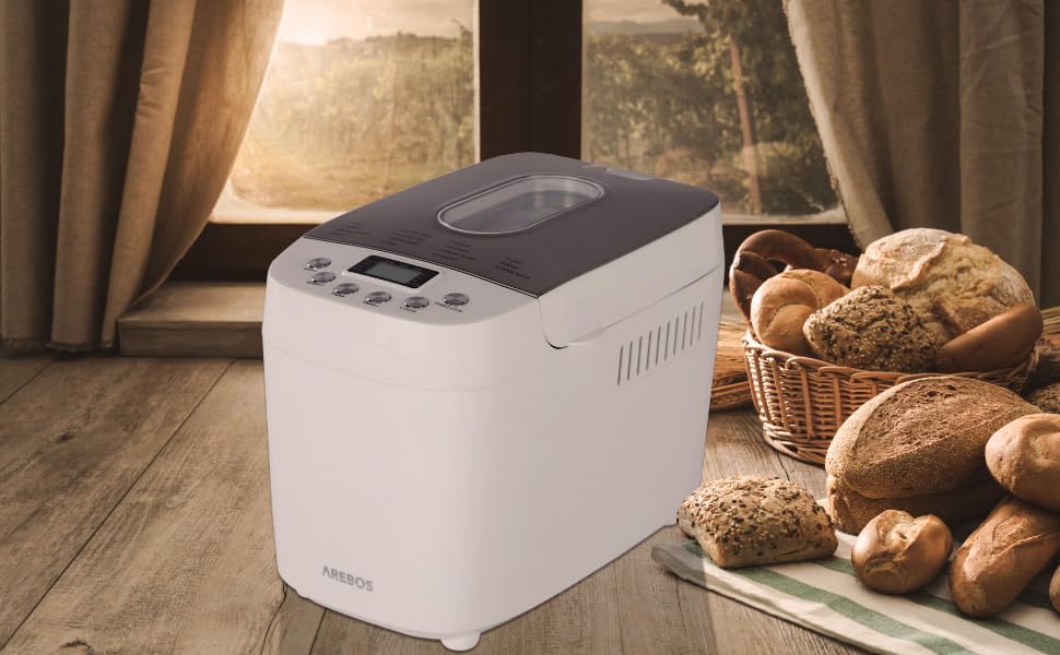 Хлібопечка Arebos 1500г з 15 програмами, таймером та LCD дисплеєм | Хлібопекарня з 3 рівнями підсмажування та 2 гачками для тіста