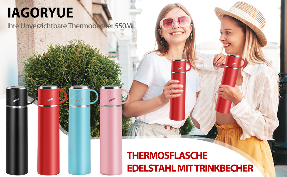 Термос IAGORYUE з нержавіючої сталі, 0.55л, з виливним кришкою та ручкою, подвійні стінки, зберігає тепло/холод до 12 годин, для спорту, офісу, відпочинку на природі (червоний)