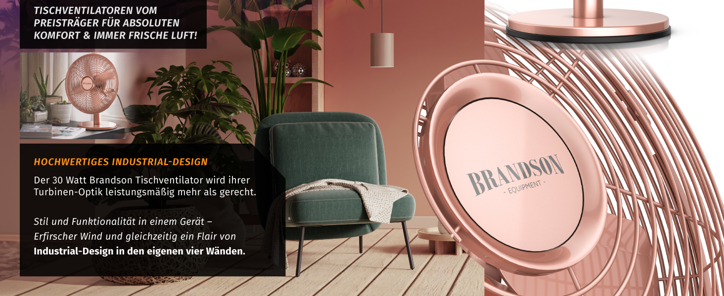 Настільний вентилятор Brandson з мідним дизайном: 3 швидкості, осциляція 80°, нахил 40°, металевий корпус (E: Рожевий)