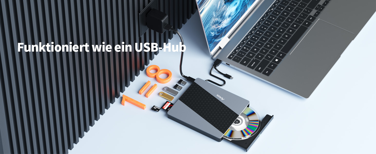 Зовнішній USB 3.0 CD/DVD-записувач Alxum з картридером SD/TF та додатковим USB-портом, Plug & Play для Windows, Linux, Mac OS, T039A