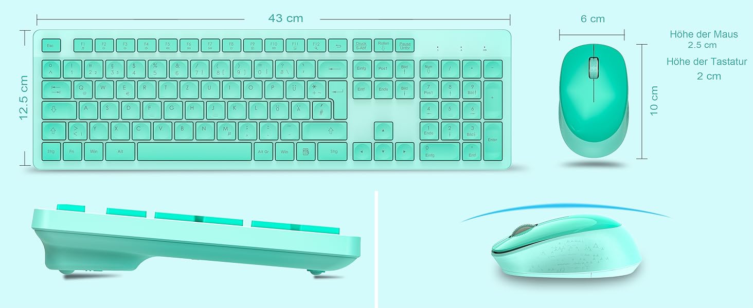 Бездротовий комплект клавіатури та миші Leadsail K786 з цифровою клавіатурою QWERTZ (німецька версія) - тиха клавіатура, 2.4 GHz, USB Nano приймач для ПК/ноутбука (зелений)