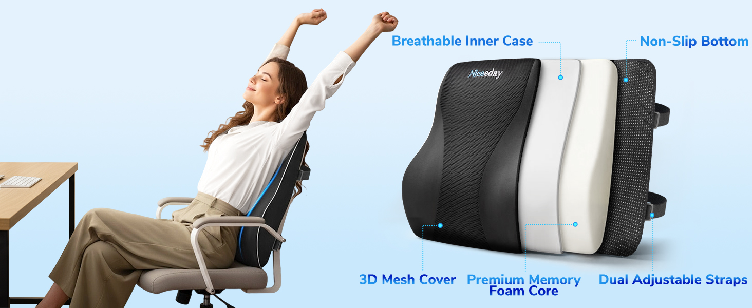 Подушка для попереку Niceeday для офісного крісла та авто з піни Memory Foam, дихаюча 3D сітка, підтримка спини