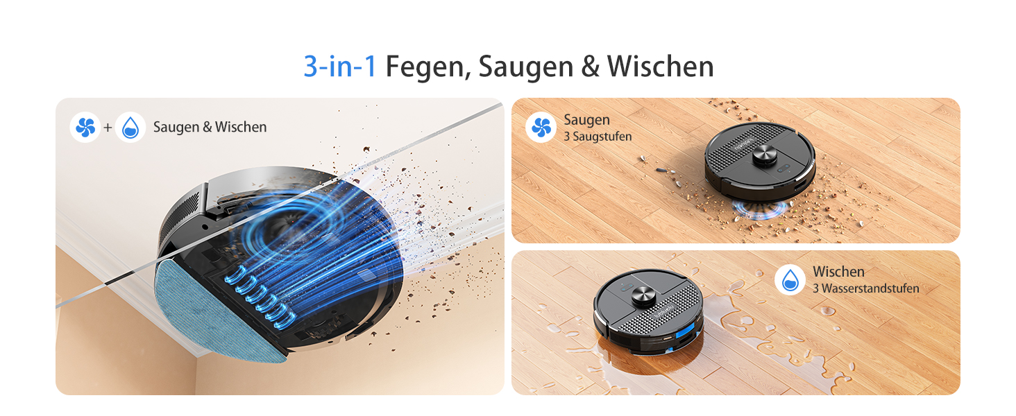 Робот-пилосос Lubluelu SL68 з функцією миття, 5000Pa, лазерна навігація, 54dB, анти-сифон, 150 хв роботи, керування через додаток, 24 зони заборони, чорний