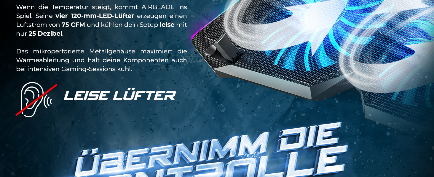 Охолоджувач для ноутбука Spirit of Gamer AIRBLADE 500 (10-17 дюймів), 4 тихі вентилятори, RGB підсвічування, сумісний з PC, PS5, PS4, Xbox