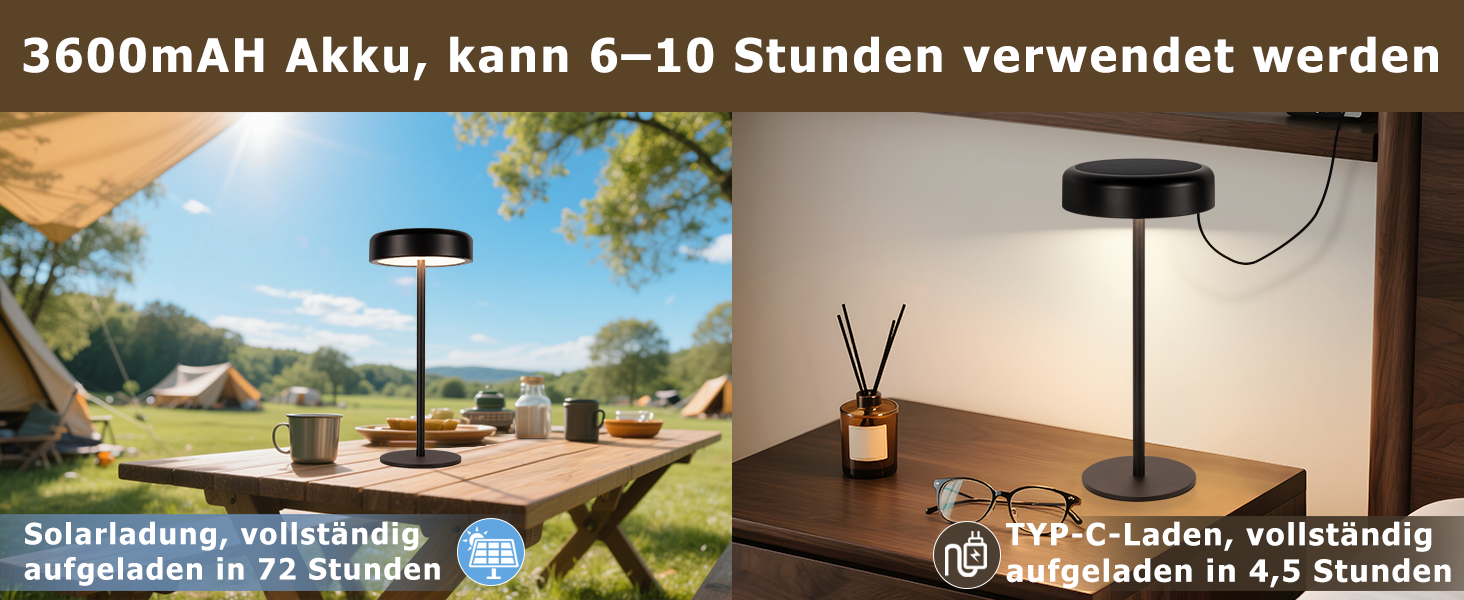 Настільна лампа на сонячній батареї з акумулятором LED, 2 шт, чорна. Бездротова, з димером, USB зарядка, IP44 для дому та вулиці