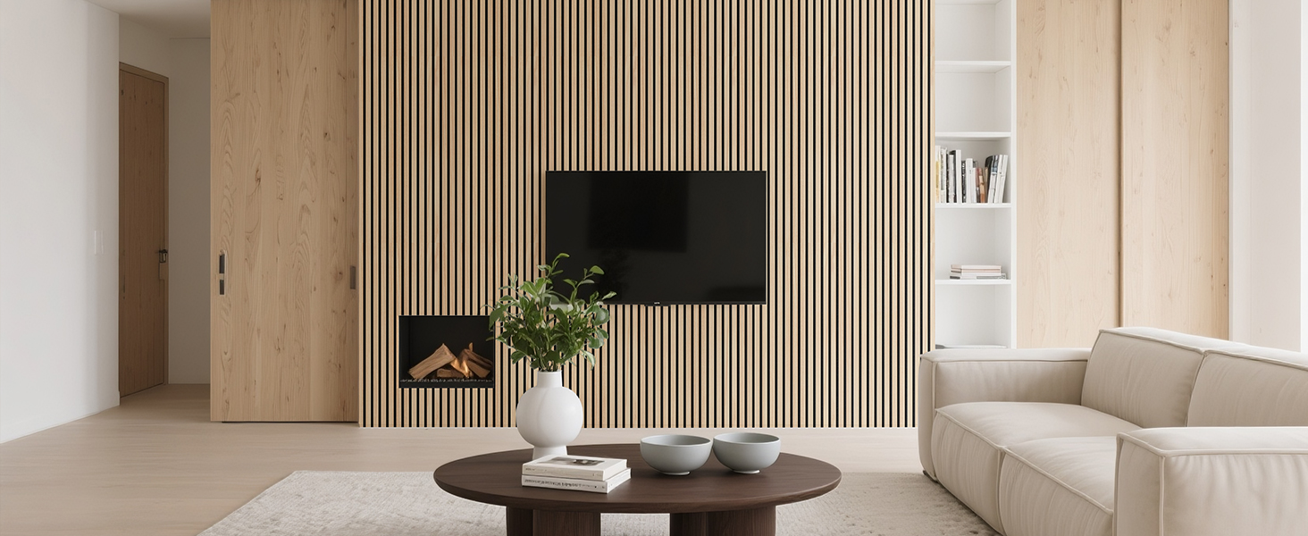 Акустичні панелі з натурального шпона дуба, самоклеючі (набір 2 шт, 100x52 см) для шумоізоляції та декору стін у вітальні, офісі та спальні