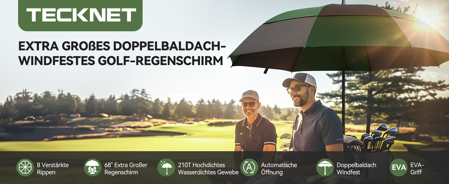 TECKNET Головний парасолька великий XXL, гольф-парасолька 173 см, стійкий до вітру, подвійний купол, вентильований, автоматичне відкриття, ручка EVA, для жінок та чоловіків (чорний та зелений, 150 см)