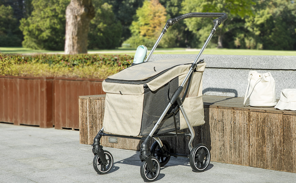 Візок для собак PawHut легкий, складаний, з алюмінію для собак та котів. З подушкою, сітковими вікнами, дверима та кошиком для зберігання. Міні-візок для маленьких собак (Хакі)