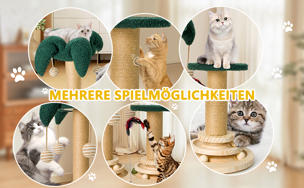 Інтерактивне котяче іграшкове комбо 6-в-1: дерев'яні меблі, кульки, пір'я, м'яч-трекер, когтеточка з сизалю та джуту для котів середніх та маленьких порід (білий, зелений)