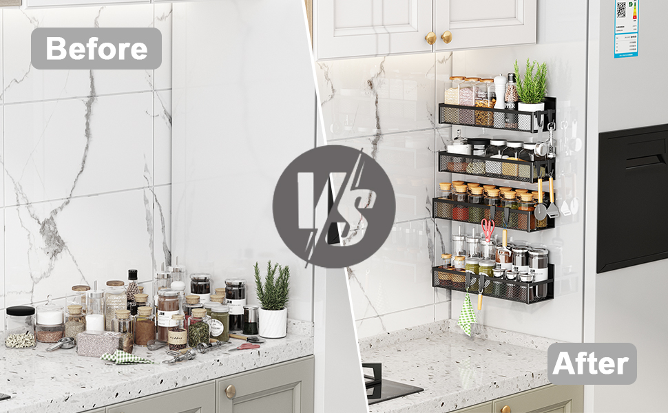 Магнітна полиця для спецій на холодильник, 4 шт. Магнітна органайзер для холодильника з 8 рухомими гачками, для організації та зберігання спецій