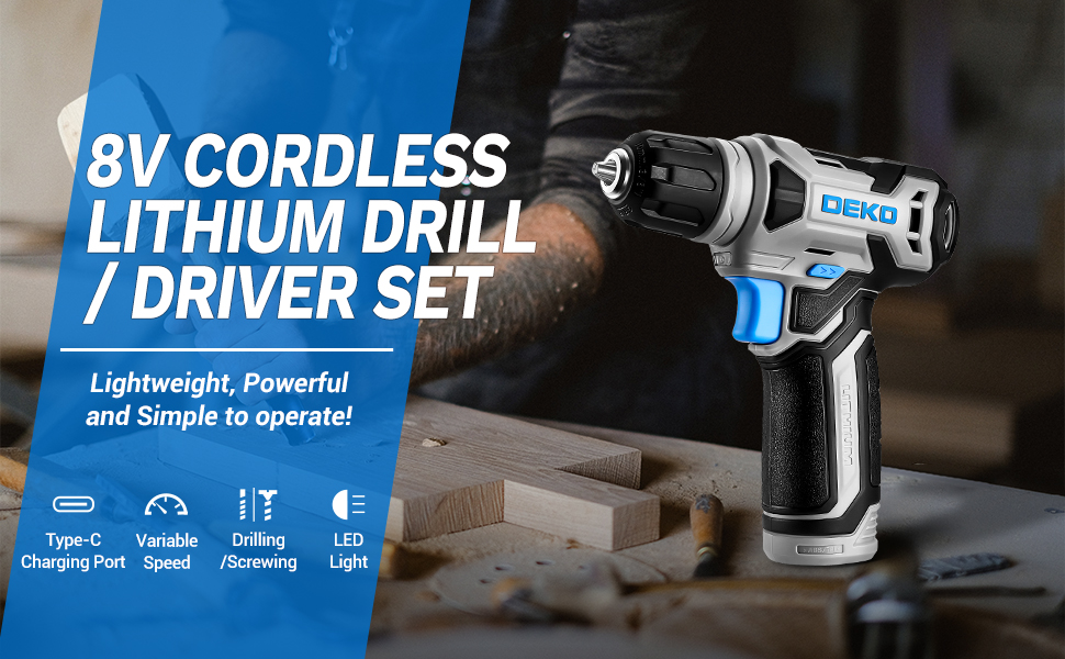 Акумуляторний шуруповерт DEKOPRO 8V 42шт: комплект з аксесуарами, ударний, LED-ліхтар, 12Nm, регульована швидкість, для ремонту будинку