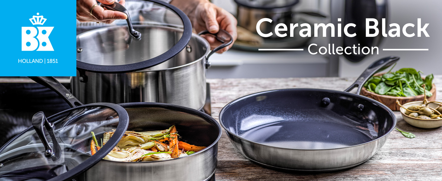 Набір посуду BK Ceramic Black 7-piece з нержавіючої сталі з керамічним антипригарним покриттям без PFAS, чорний. Ідеально для приготування їжі на індукційних плитах, безпечний для миття в посудомийній машині та використання в духовці.