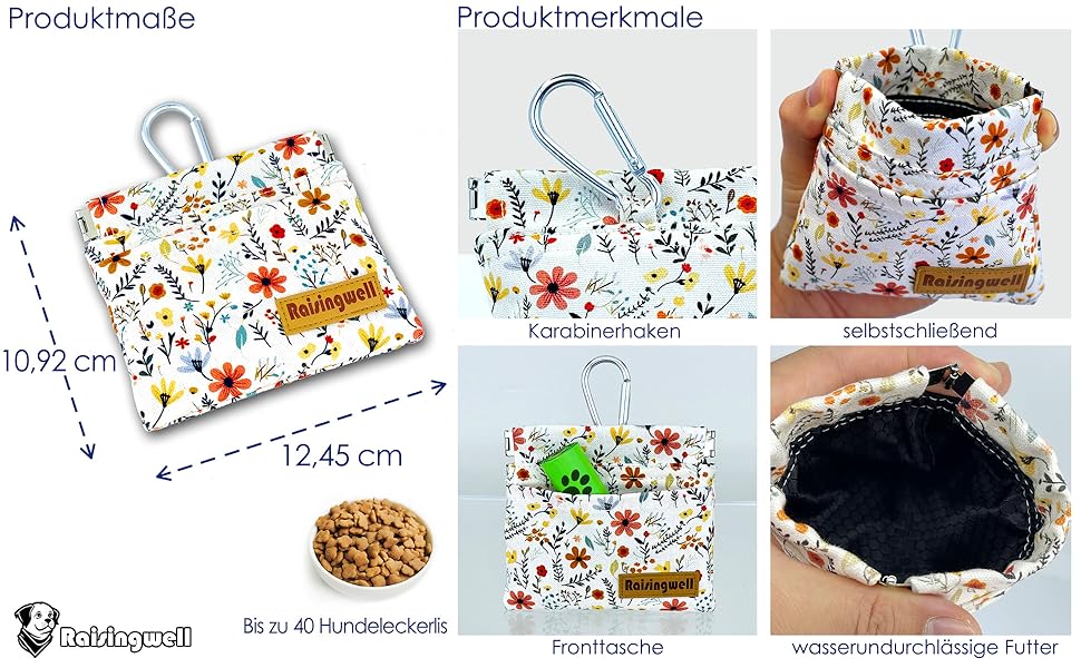 Сумка для корму для собак Leckerlibeutel – міцна бавовняна сумка для прогулянок з карабіном та самозакривною застібкою, ідеальна для подорожей та активного відпочинку (Begie Blume)