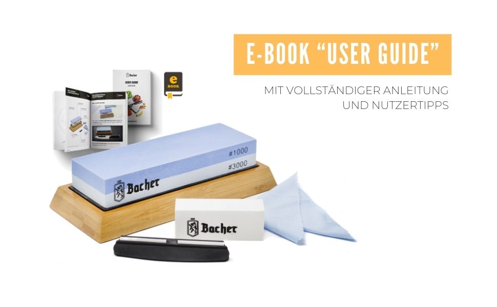 Преміум точильний камінь Bacher. Двобічний, зернистість 400/1000. Точило для ножів з антиковзним бамбуковим блоком, камінь для заточування, допоміжний інструмент для заточування та детальна інструкція у форматі eBook.
