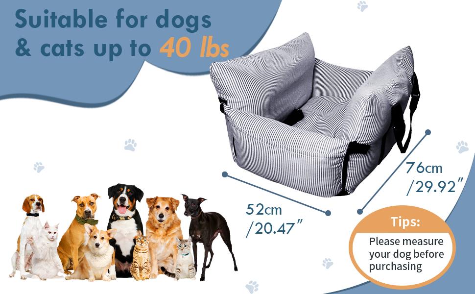 Автокрісло для собак маленьких та середніх порід (до 18 кг), з ременем безпеки та кишенями, антиковзаюча підставка, миється, морські смуги, 76x52 см