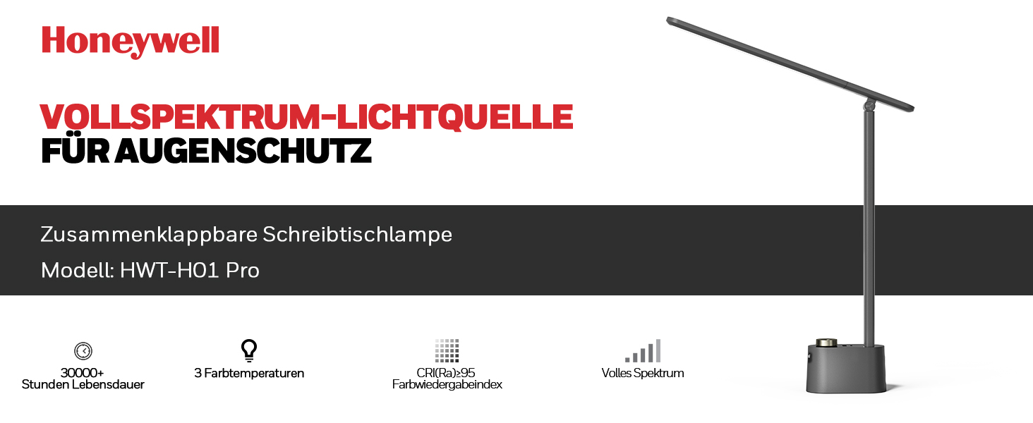 LED-лампа Honeywell H01 Pro Sunturalux™ з USB A+C, регульована яскравість, 3 режими, для дому, офісу та читання (сіра)