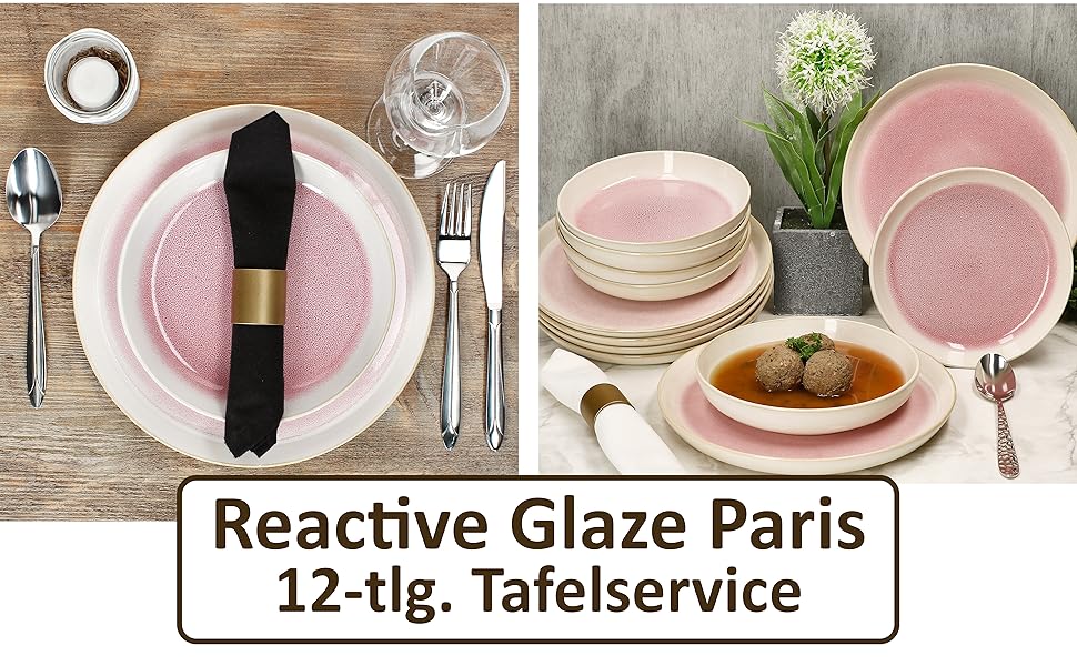 MamboCat Tafelservice Paris: 12 предметів, кремово-рожевий, керамічний посуд для 6 осіб (6 тарілок суп 400мл + 6 тарілок для їжі)