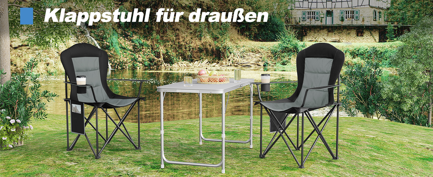 Набір 2 складаних стільців WOLTU для кемпінгу, риболовлі, саду, тераси, чорний + темно-сірий