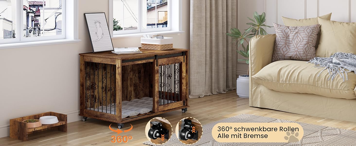 Клітка для собак EUGAD, 100 см, з 2 дверцятами та 5 колесами, для великих, середніх та маленьких собак, декоративна переноска для дому, вінтажний коричневий колір