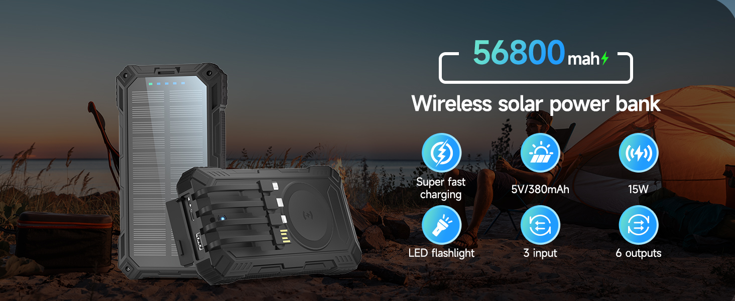 Портативний зарядний акумулятор Solar Powerbank 56800mAh з сонячною панеллю, 30W PD, 3.0A USB-C, 3 порти (2 USB та 1 Type-C), бездротовий заряд 15W, LED-індикатор, ліхтарик, чорний