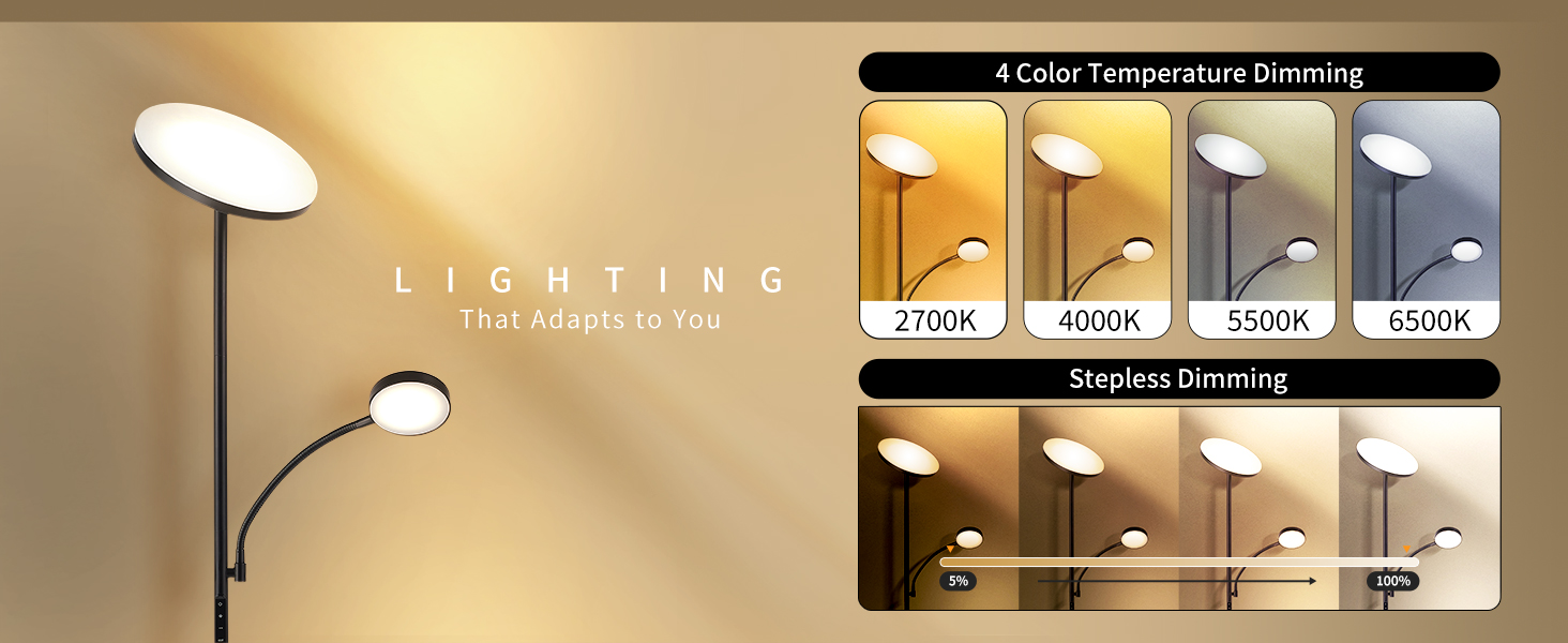 Стійка лампа LuminexDesigns з регулюванням яскравості, 36W+7W LED, 3200LM+600LM, 2700K-6500K, чорний колір. Сучасна підлогова лампа для вітальні з пультом дистанційного керування та функцією настільної лампи.