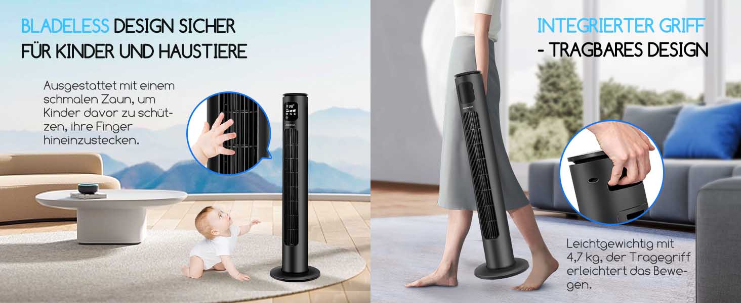 Вентилятор вежний Smart Aigostar 97 см з Wi-Fi, пультом, таймером 24 год, LED-дисплеєм та керуванням Alexa – 2 шт.