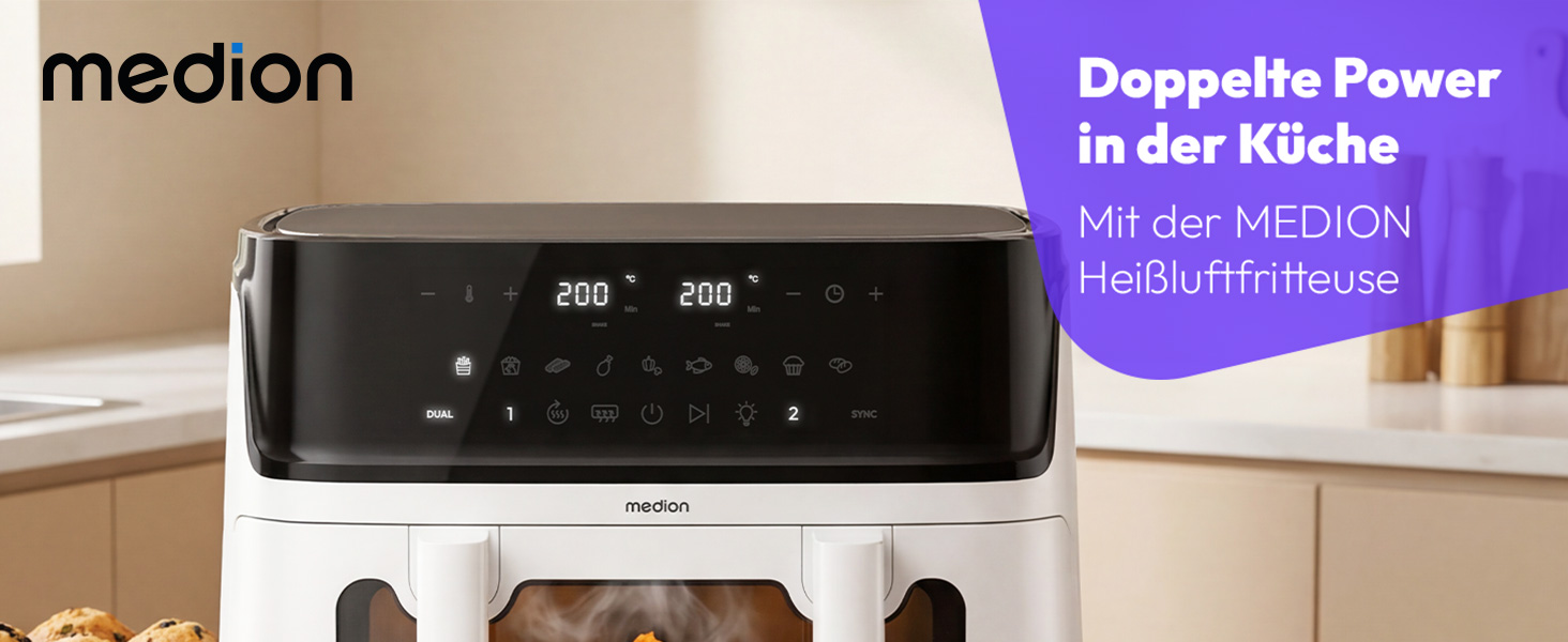 Аерофритюрниця з двома камерами MEDION P25 XXL Flex M, 10.8 л, без PFAS, біла