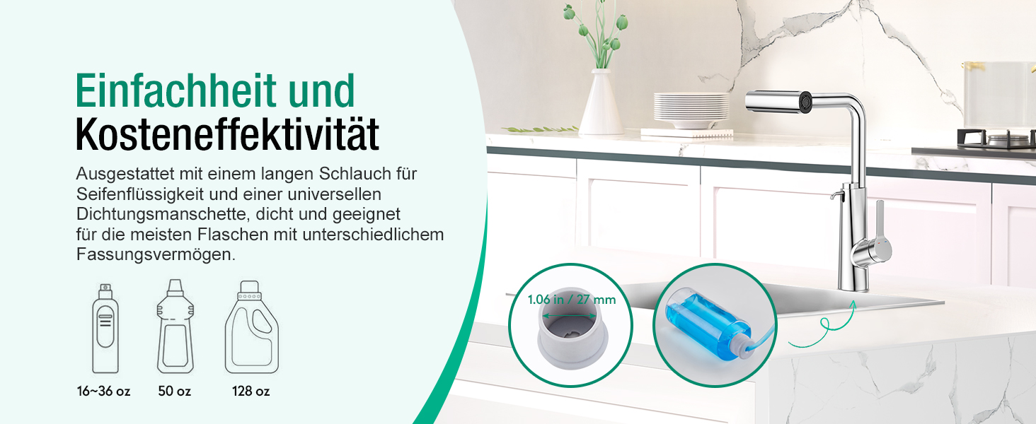 Кран кухонний водопровідний CREA Wasserfall висувний з дозатором мила, нержавіюча сталь, 360° обертання, 4 режими, хром