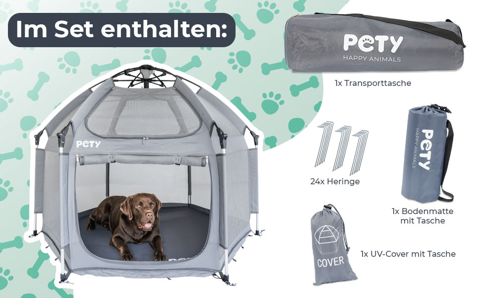 Клітка-палатка для собак Pety - 150 x 100 см, сіра. З переносною сумкою, UV-захистом та килимком. Для відпочинку вдома та на природі. Аксесуари для собак, подорожей та кемпінгу.