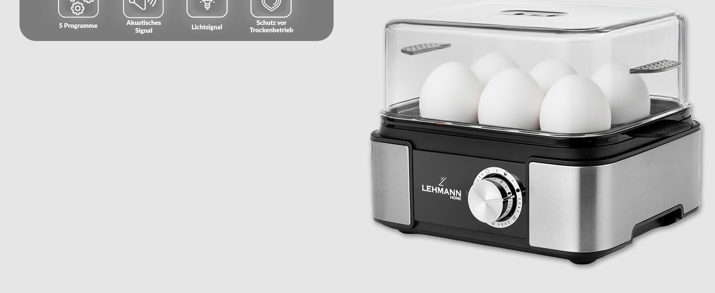Яйцеварка Lehmann з нержавіючої сталі на 6 яєць - з регулюванням ступеня готовності та звуковим сигналом. 5 програм для ідеальних яєць, мірна склянка та знімач яєць. Сімейна версія.