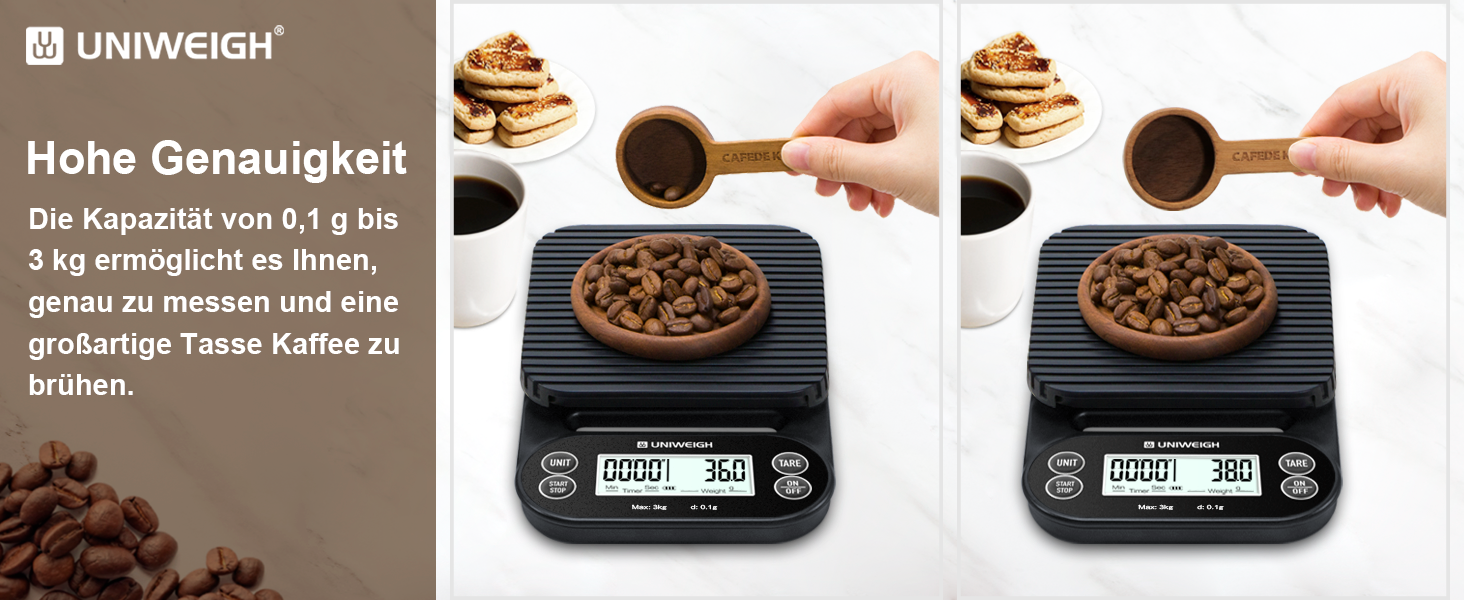 Ваги для кави UNIWEIGH з таймером 3кг/0,1г: високоточні ваги для еспресо з таймером, функцією Tara та LCD дисплеєм (батарейки в комплекті)