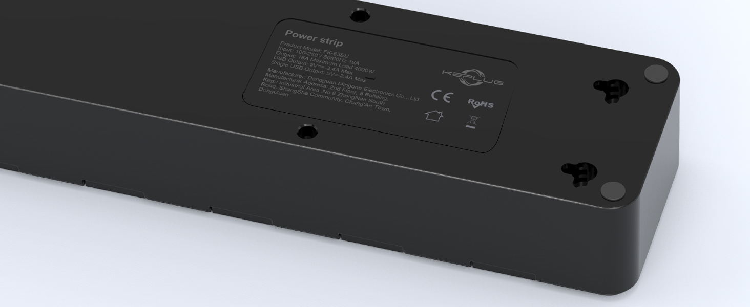 Мережевий фільтр KEPLUG з USB (4000W, 16A) - 6 розеток, 3 USB, індивідуальне вмикання, захист від дітей, 2м кабель, чорний