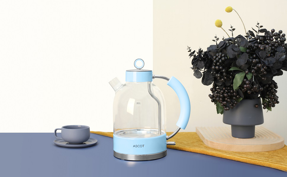 Електричний чайник ASCOT зі скла, 1,5L, блакитний, з функцією захисту від сухого кипіння та автоматичним вимкненням. Ідеальний подарунок для чоловіків, жінок та сім'ї.